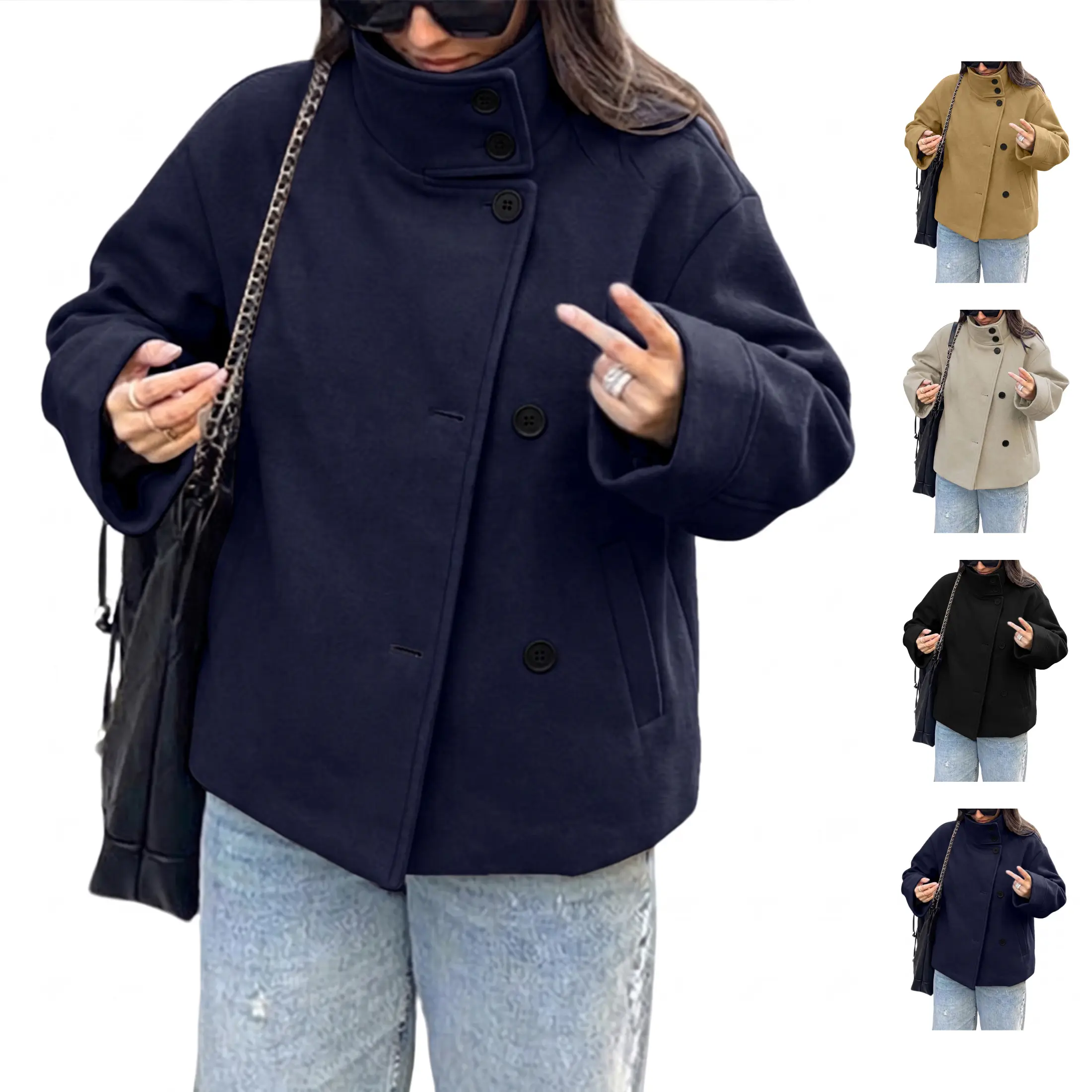JovenPara Women's Basic Collared Oversized Stand Collar Short Wool-Blend Pea Coat, Loose 2-Button Minimalist Winter Casual Outerwear Jacket