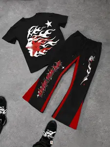 Men's Short Sleeve Tee & Letter Print Bell Bottom Trousers Two-piece Set, Menswear, Regular Fit Round Neck T-shirt & Trousers, Casual Fashion Cozy Breathable Men Two-piece Outfits for All Seasons