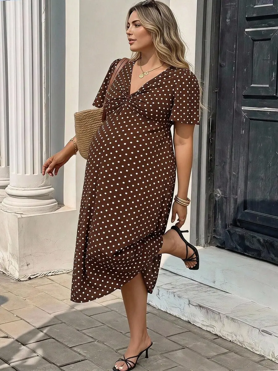 Plus Size Polka Dot Pattern Twist Design Elegant Maternity Dress Summer Outfits Casual Baby Shower Outfits Elegant Dresses