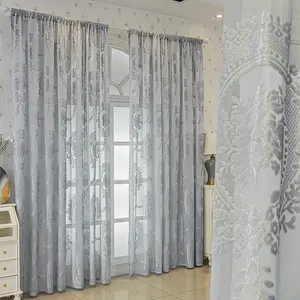1pc Elegant Cut Velvet Grey Floral Embroidery Sheer Translucent Fabric Home Decoration Curtain Rod Pocket Light Filtering Sheers For Contemporary Home Styles