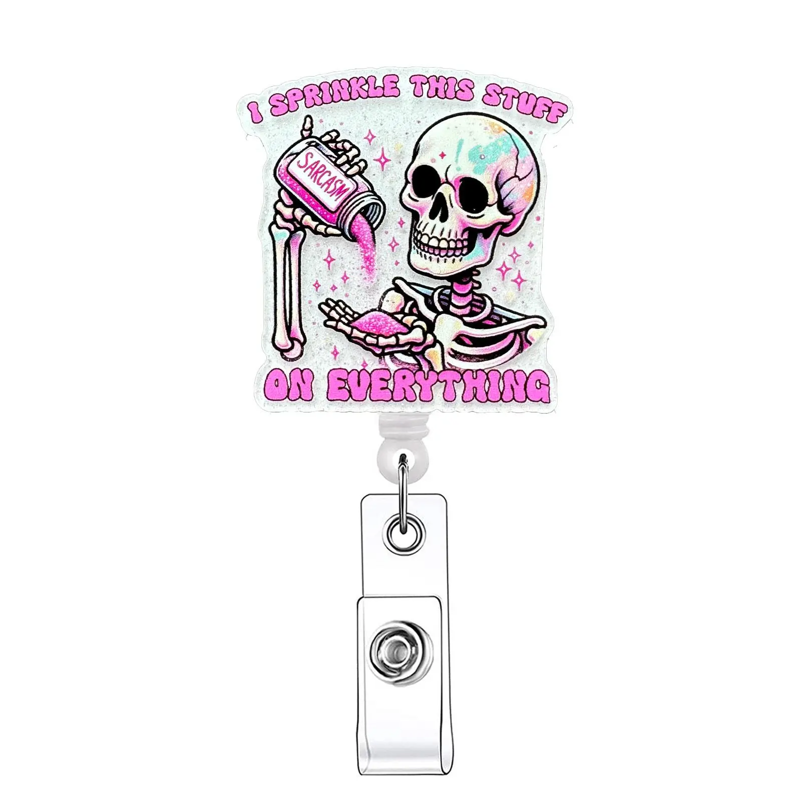 Skeleton & Letter Pattern Retractable Badge Reel, 1 Count/20pcs Acrylic ID Holder with Clip for Nurses, Doctors, Students & Office Staff, Nursing Badge Reel, Halloween, Medical Badge Holder, Badge Reels Retractable