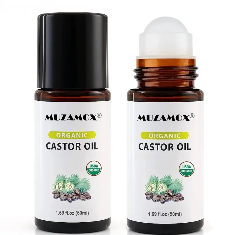 MUZAMOX 【Buy 1 Get 1】Organic Castor Oil Roll-On Nourishing Treatment - Hexane-Free Castor Body Oils for Body Care, Targeted Hydration, Quick & Easy Application, 1.69fl.oz/50ml
