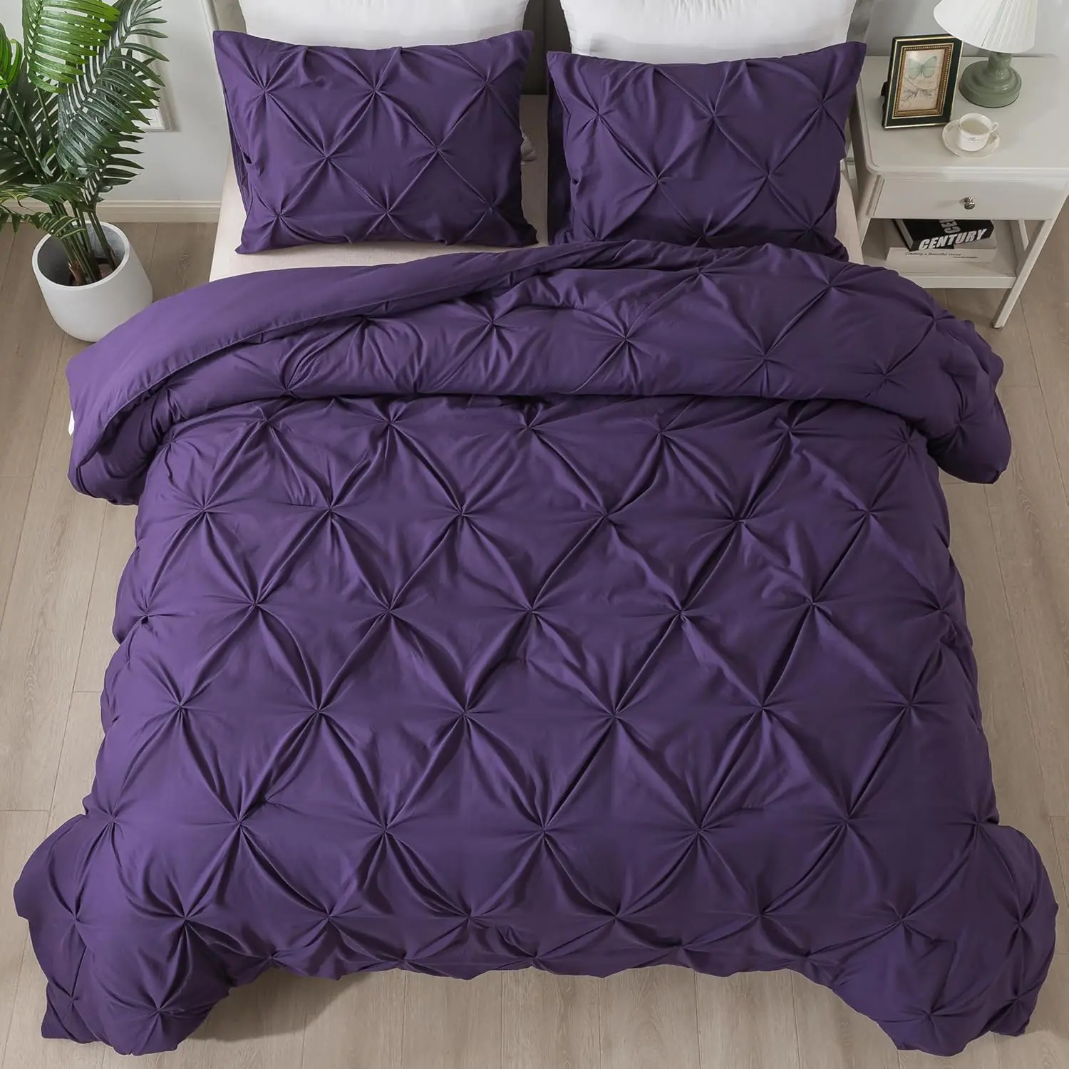 Purple Comforter Twin(66x90Inch), 2(1 Pintuck Comforter, 1 Pillowcase) Microfiber Pinch Pleat Comforter Twin Size, Lightweight and Comforter