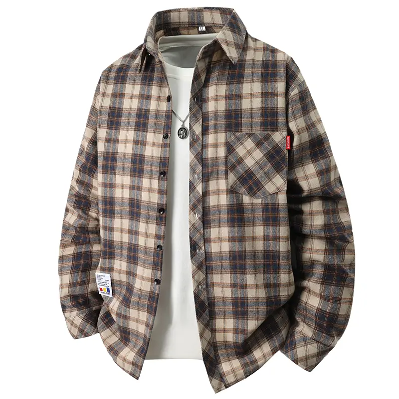 Men's Beige Navy Brown Plaid Flannel Long Sleeve Button Down Shirt, Single Chest Pocket Small Red Tag And Colorful Label Decor Loose Oversized Casual Shirt For Spring Autumn Daily Streetwear Outfits#SummerWins, Menswear, Cardigan