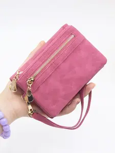 Women's Retro Design Snap Short Wallet with Zip Closure and Wrist Strap, Zipper Wallet Design, Compact Minimalist Multi-Functional Wallet for Daily Use and All Occasions, Christmas Gift, Vertical Folding Wallet