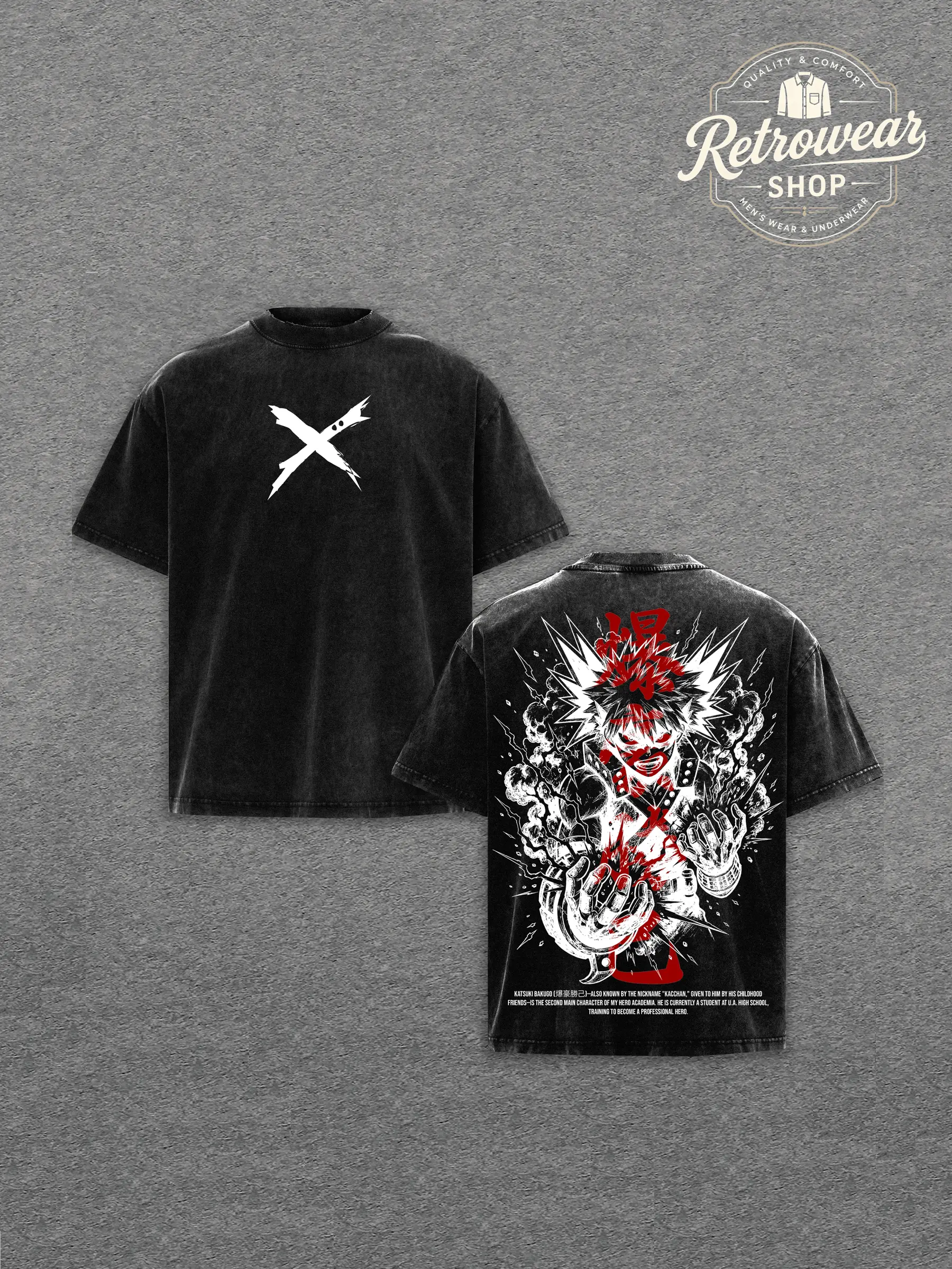 Katsuki Bakugo My Hero Academia Vintage Washed Tee –Boku no Hero Academia Japanese Dark Style Blackwork Graphic Tee _ Heavy Cotton Unisex Oversized Streetwear Top _ Anime Manga Graphic Tee
