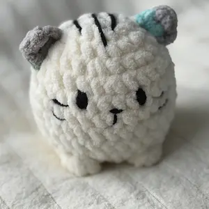 Crochet Kitten 4" - Adorable White Amigurumi with Black Stripes and Teal Ears