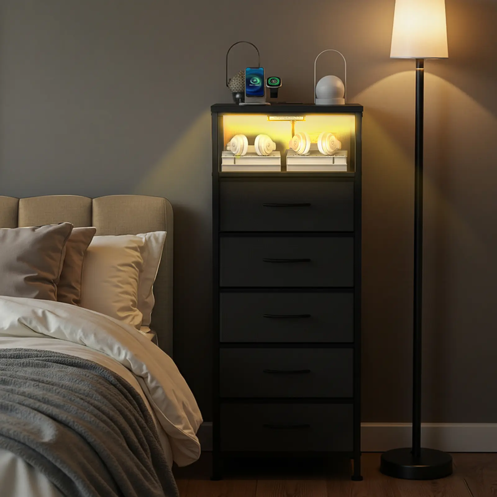 Bedroom Nightstand with Charging Station, Fabric Drawers, USB-Type-C Ports, Outlets, Adjustable ft, Variable Light Strip, Modern Accent Tables, Indoor Furniture End Table