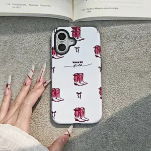 Christian-themed rugged phone case, compatible with iPhone 17/16/15/14/13 Pro, Pro Plus, and Pro Max. “Walk by Faith” Western cowboy boot phone case, cute cowgirl style, Christian inspirational protective case—a perfect gift for her or for him.