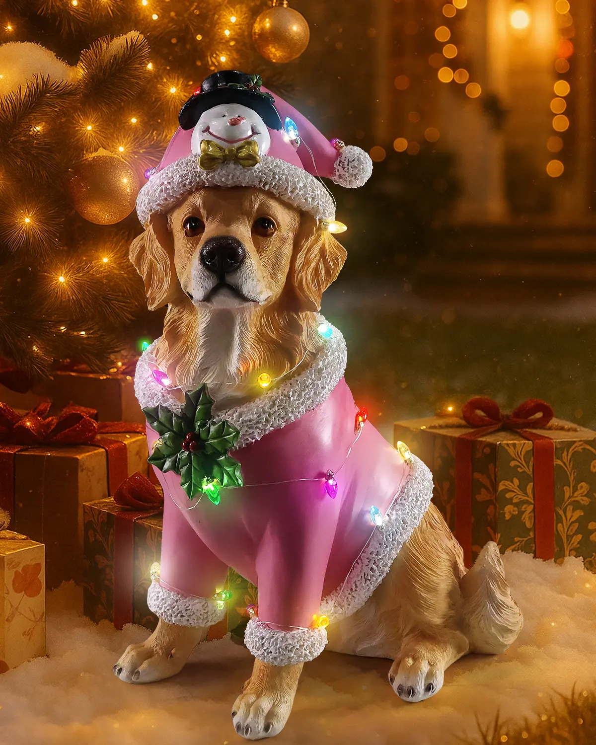 Christmas Golden Retriever Statue with Removable LED Light String, Resin Santa Dog Yard Decoration for Outdoor Patio, Garden or Porch, Festive Holiday Ornament and Gift for Dog Lovers