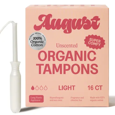 August Light Tampon Zero-Feel Organic Cotton Hypoallergenic & Unscented 16 Count Long BPA-Free Plastic Applicator