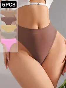 5-Pack Women's Seamless Shapewear Panties, Casual Comfy Underwear, High Elasticity Smooth Thong, Ribbed Waistline, Invisible No-Trace, Ideal for Yoga and Fitness