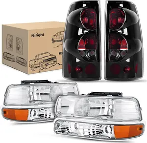 Nilight Headlight and Taillight Assembly Combo Compatible with 1999 2000 2001 2002 Chevy Silverado 1500 2500 2001 2002 Chevy Silverado 1500HD 2500HD 3500 OE Style Chrome Housing Amber Reflector Smoke