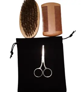Grooming Kit for Men Natural Boar Bristle Brush Pear Wood Dual Sided Comb with Scissors Travel Pouch for Beard Care