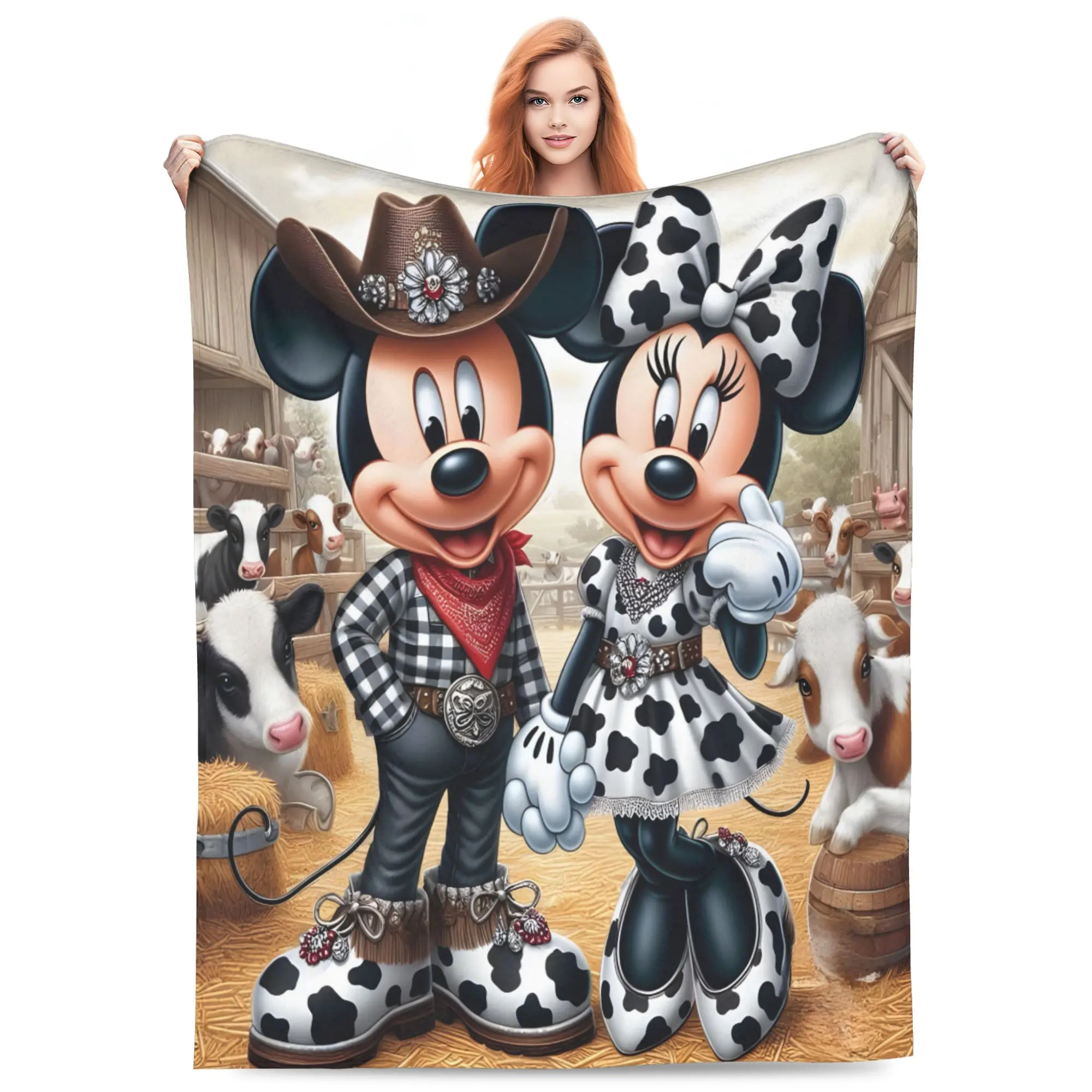 DISNEY CLASSIC Cow Print Western Cowboy Mickey Minnie Throw Blanket, Cute Farm Country Barn Cow Pattern Flannel Fleece Blanket, Soft Lightweight Cozy Blanket for Sofa Bed Couch, Farmhouse Western Decor Gift for Women Kids