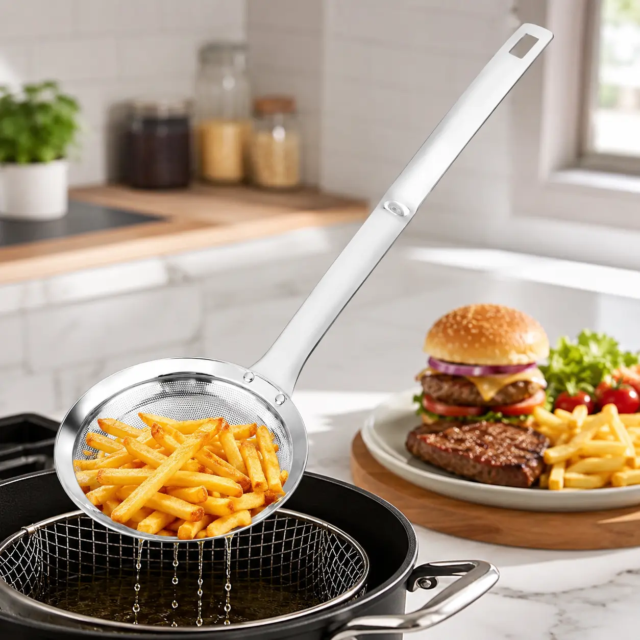 Filter Scoop Stainless Steel Fat Skimmer Spoon Fine Mesh Strainer Food Strainer With Handle Kitchen Oil Heavy-Duty