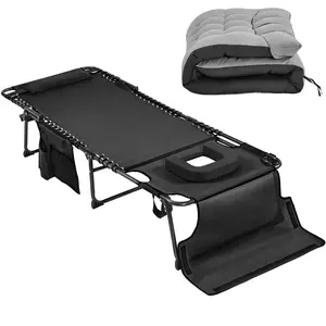 Costoffs Outdoor Folding Tanning Chair with Face Hole & Removable Cushion, 5-Position Adjustable Chaise Lounge for Nap & Sunbathing