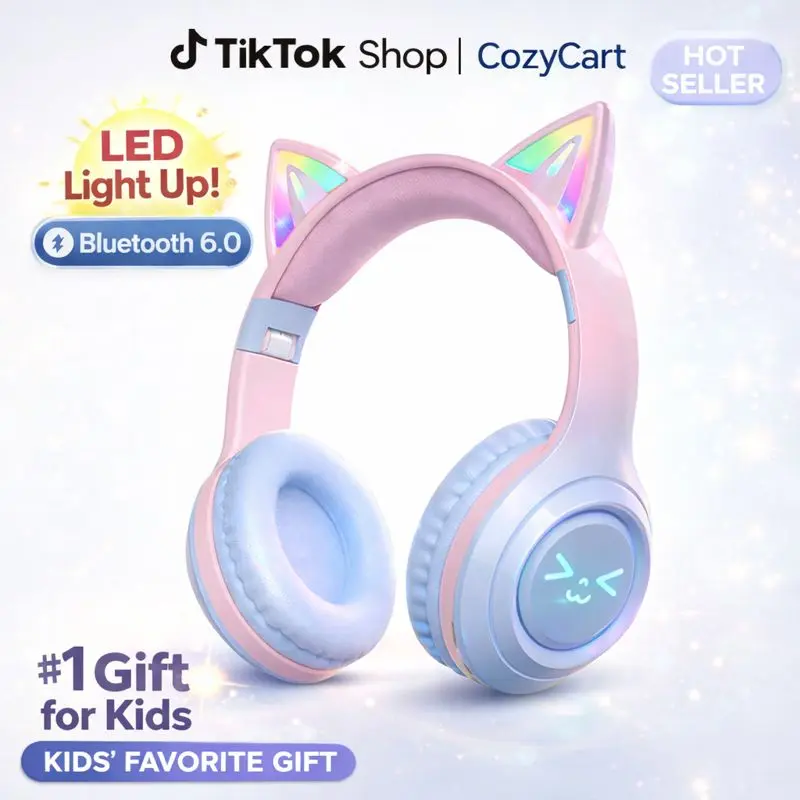 Cute Wireless Bluetooth Cat Ear Headphones, LED Light-Up Foldable Over-Ear Audio Device with Built-in Microphone, Long Battery Life, Portable Electronic Device for Phone/Tablet/Streaming, Ideal Gift for Kids