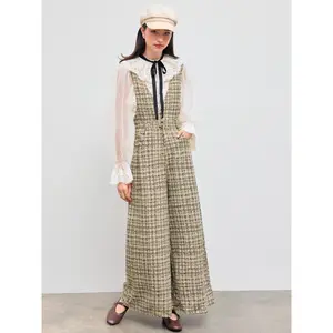 Cider [size 2-10] Tweed V-neck Check Button Pleated Wide Leg Jumpsuit