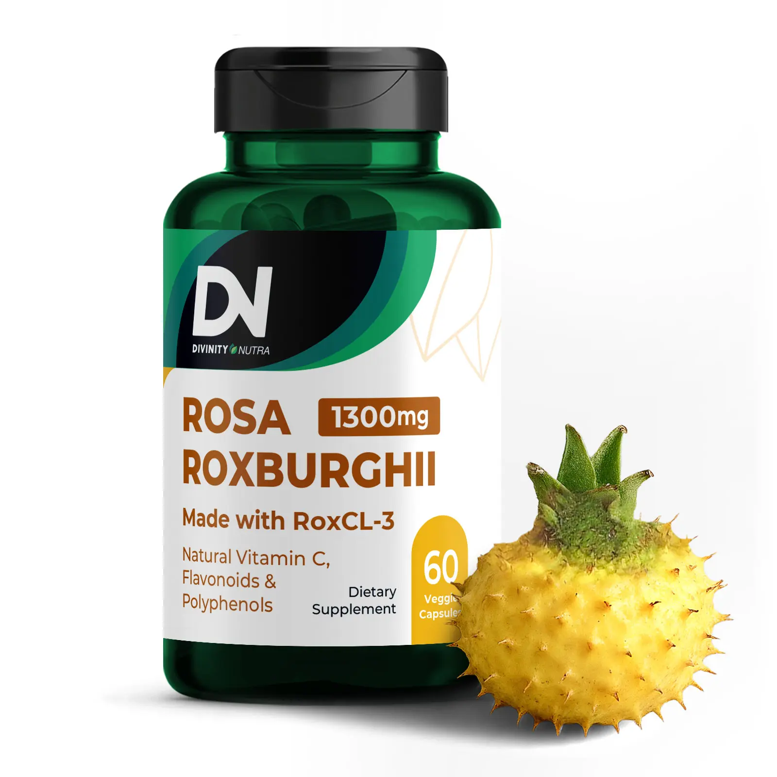 DN Organic Rosa Roxburghii Supplement, Natural Vitamin C, with Chestnut Rose Fruit 1300mg, Supports Immunity & Antioxidant Health, No Sugar or Additives, 60 Capsules, Divinity Nutra