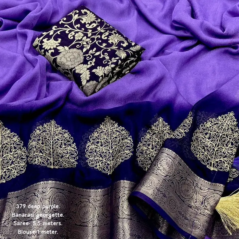 Banarasi Georgette Saree - Soft Purple with Zari Embroidery, Leaf Design, 379 Deep Purple Color, 70-30 Color Dying, Two Color Options Deep Pink and Dark Lavender with ready Blause free size