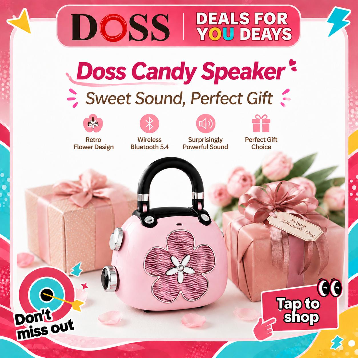 DOSS Candy Retro Bluetooth Speaker - 5W Full-Range Driver, Blush Pink, Lightweight Rechargeable Portable Wireless Outdoor Speaker, Tech Gadget Mini Gift for Women, Fathers Day/Mothers Day Present, Mini Gifts, Portable Speakers