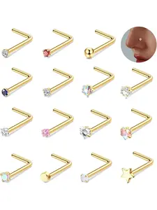 15Pcs 20G Nose Rings Steel Nose Studs 18G L Shaped Nose Stud Gold Nose Ring Stud CZ Opal Nose Ring Heart Cute L Shape Star Nose Piercing Nose Piercing Jewelry for Women Men