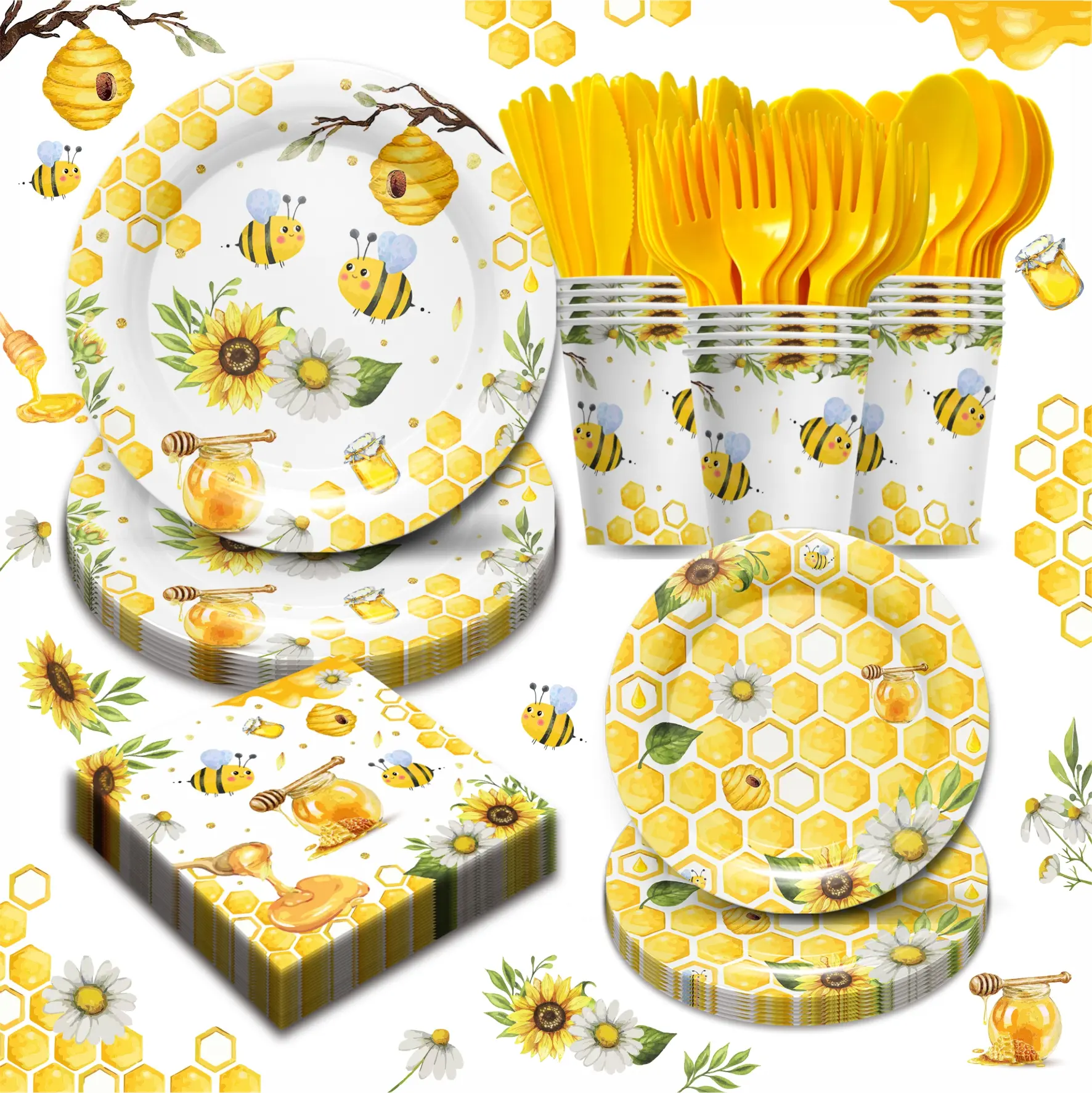 168pcs Litter Bee Party Supplies，Honey Bee Paper Plates and Napkins, Cups, Napkins and Forks, Bee Party Decorations for Baby Shower