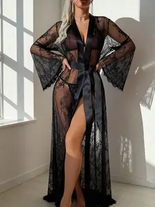 Women Lingerie Deep V Neck Nightwear One Piece Sexy Nightgowns Mosaic Lace Mesh Dress