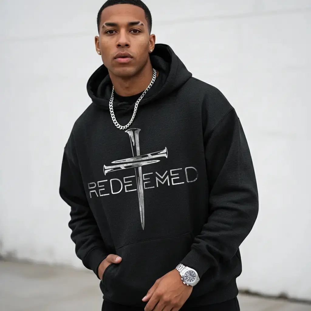 Men's Redeemed Christian Bible Verse Graphic Hoodie Sweatshirt - Cotton Blend Black Longsleeves Pullover, Regular Fit Menswear, Soft & Breathable Fabric, Durable Print, Casual Classic Everyday Comfort, Machine Washable Religious Apparel, Sweatshirts, Tops