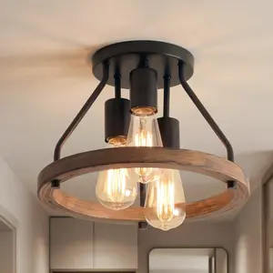 1pc Farmhouse Semi-Flush Mount Ceiling Light, 3-Light Rustic Wood Black Metal Industrial Ceiling Light Fixture, for Hallway Foyer Bedroom Kitchen Dining Room Entryway, E26/E27 Base, Bulbs Not Included, Atmosphere Lighting