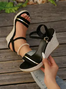 Women's Heeled Thick Sole Sandals, Fashion Plain Design, PU Upper Material, Rubber Sole, Less Than Ankle Height, Casual Summer Shoes, Strappy Heels
