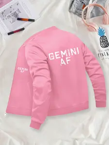 Gemini "GEMINI AF" Graphic Printed Bomber Jacket - Unisex Stylish Casual Jacket, Coats, Zip-Up, Long Sleeve, Stand Collar, Polyester Knit Fabric, Fitted Design, Pocket Detail, Suitable for Autumn & Winter.