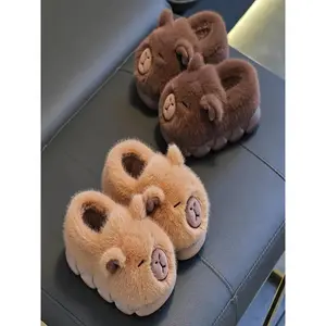 Boys' Capybara Slip-On Slippers, Cute Expressive-Eye Design, Lightweight Fabric Upper, Cozy Animal-Themed Winter Indoor Warm Footwear for Kids