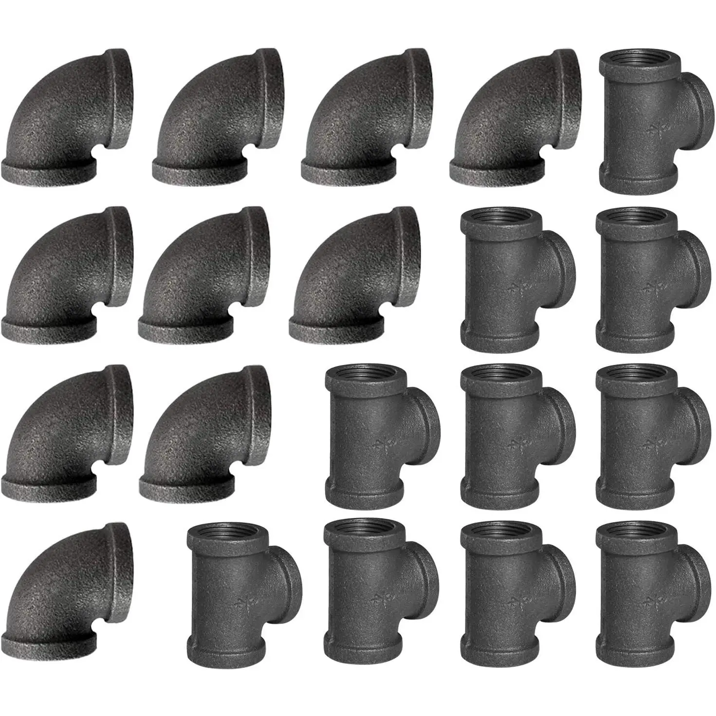 1/2" Pipe Fitting Tee & Elbow, 20 Pack Threaded Cast Black Malleable Iron Pipe Elbow/Tee for Steampunk Vintage DIY Pipe Decor Project/Furniture/Shelving Decoration (10 Tees+10 Elbows)