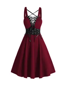 Womens Gothic Dress Lace Up Buckle Strap Crisscross Plunging Neck High Waisted A Line Mini Dress Sleeveless Sundresses Christmas Dress