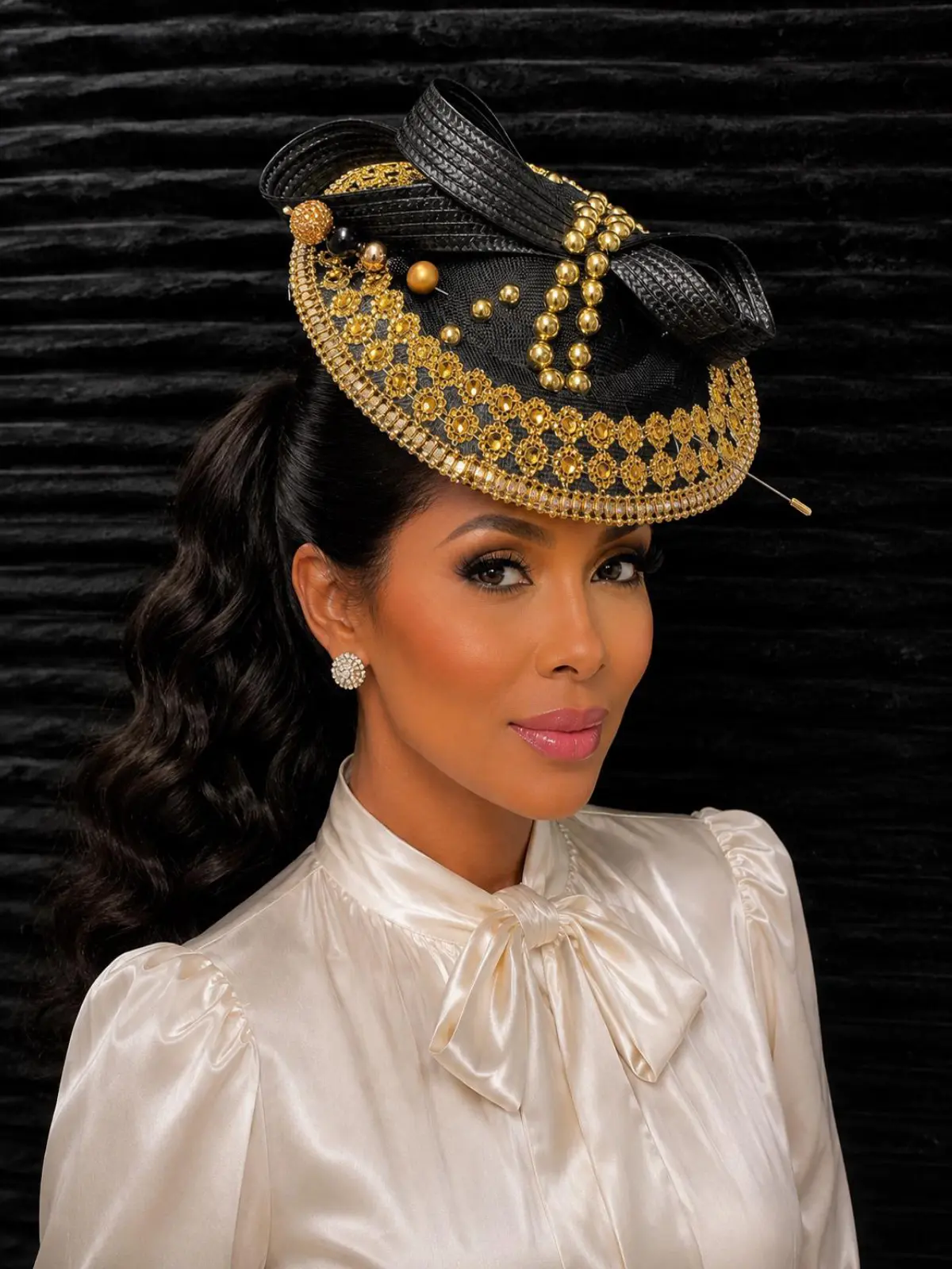 Black and Gold Rhinestone Fascinator Hat for Women – Elegant Church Hat, Derby Headpiece, Wedding Guest Tea Party Hat