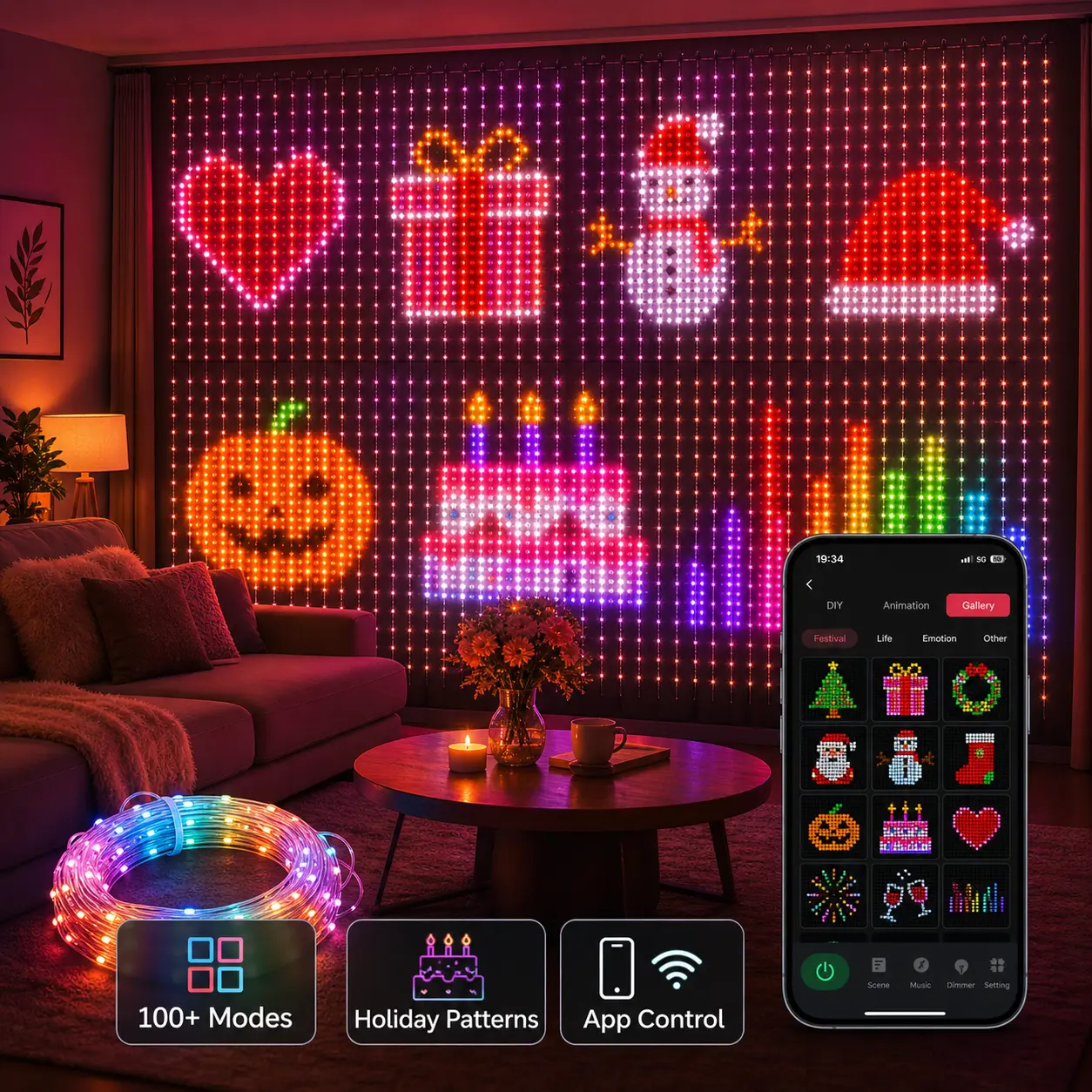 RGB Magic Curtain Lights - 400-LED Indoor Lighting with DIY Text, Music Sync, 16M Colors, Custom Messages & Patterns, Adjustable LEDs, Remote, for Party, Holiday Decor, Gaming Setup, Cool Room Gadgets, Unique Room Decor, Bedroom LED Lights, Christmas