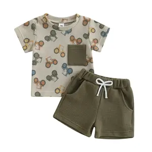 Toddler Baby Boy Summer Outfit Tractor Print Short Sleeve Pocket T Shirt Tops Casual Shorts Set Infant Newborn Waffle Clothes #Springtok