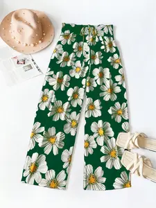 【Plus Size】 Floral Print Tie Waist Pants, Boho Bohemian Casual Comfy Trousers for Daily Wear, Women's Bottoms for All Seasons, Womenswear
