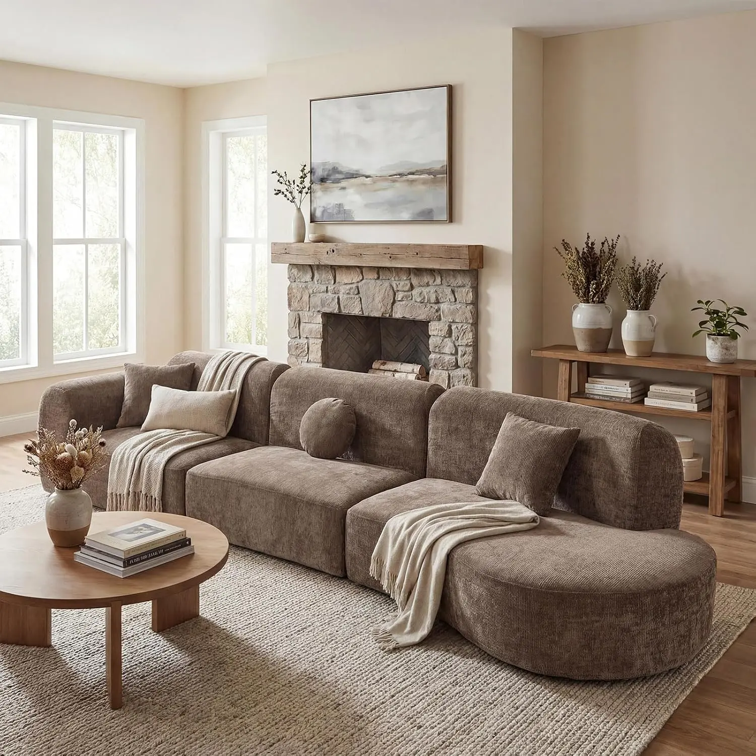 140" Brown Modular Sectional Couch Set - 3-Piece Oversized Modern Right-Hand Facing Chenille Sofas Living Room, Comfy Couch with Curved Chaise Lounge, Sponge & Polyurethane Foam Fill, 140.00"L x 33.20"W x 31.00"H, Unbox and Place in Desired Spot