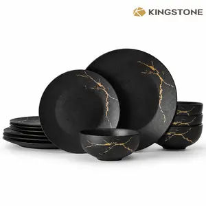 KINGSTONE Porcelain Tableware Set (Model 11501) - Gold Crackle Design, Scratch-Resistant, Gold-Toned Festive Casual Dinner Set for Wedding Parties, Daily Use, Plates And Bowls Sets