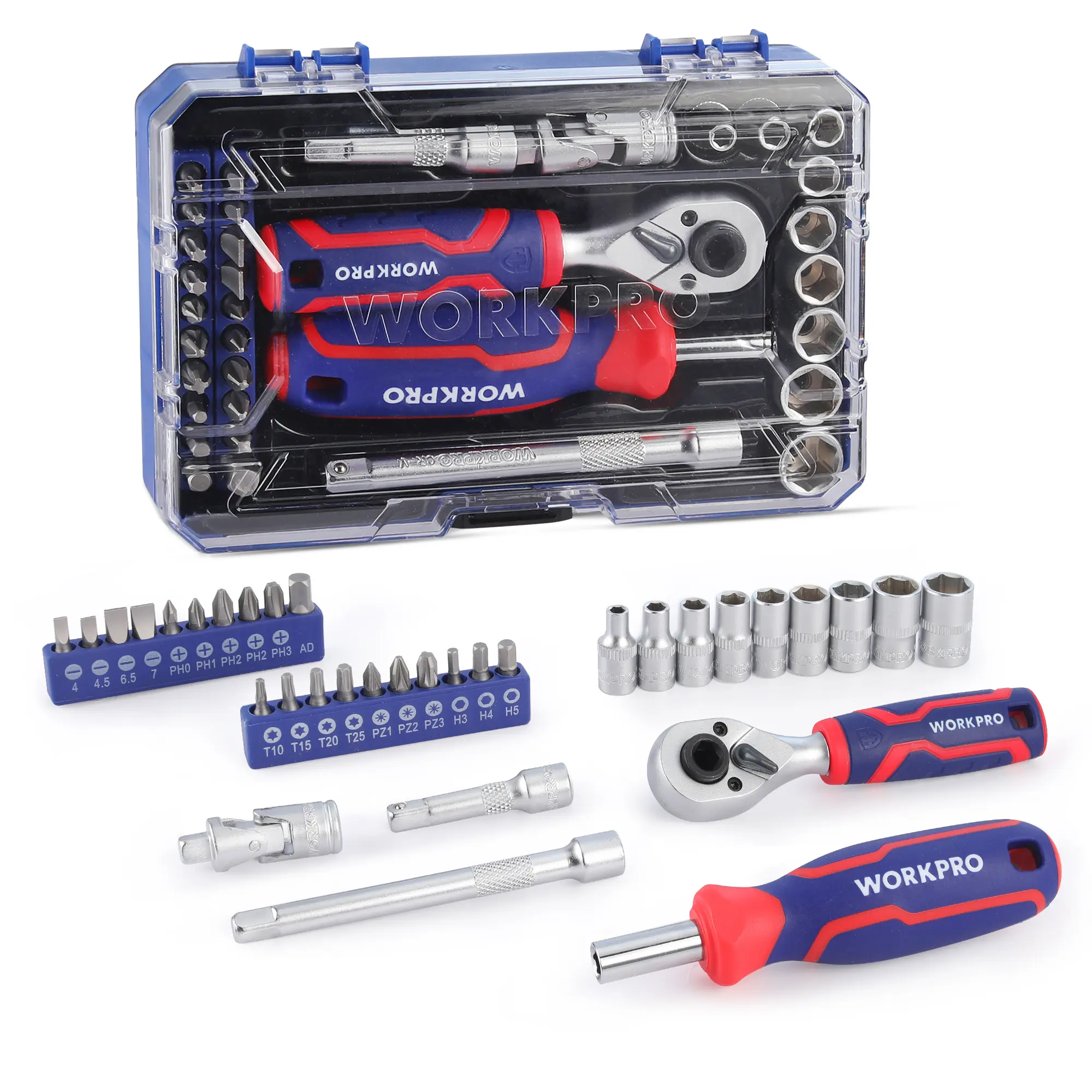 #Summersales WORKPRO 34-Pack 1/4" Drive Mini Socket Ratchet Wrench Set, Screwdriver Bit Set, Dual Socket & Bit Head Ratchet, Magnetic Driver, Metric Sockets, Storage Case