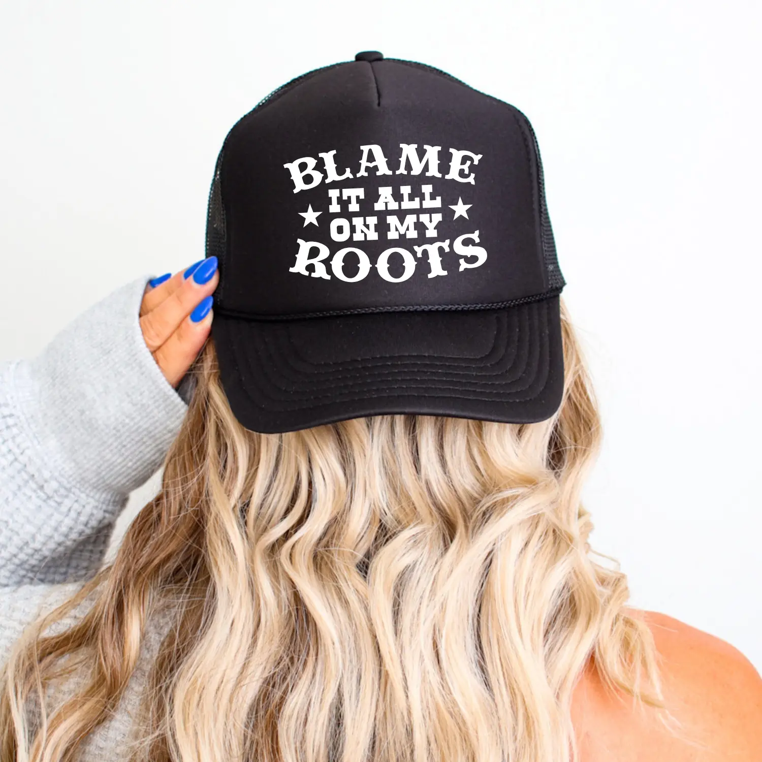 Blame it all on my roots, Trucker hat for women, snap back hats trendy summer