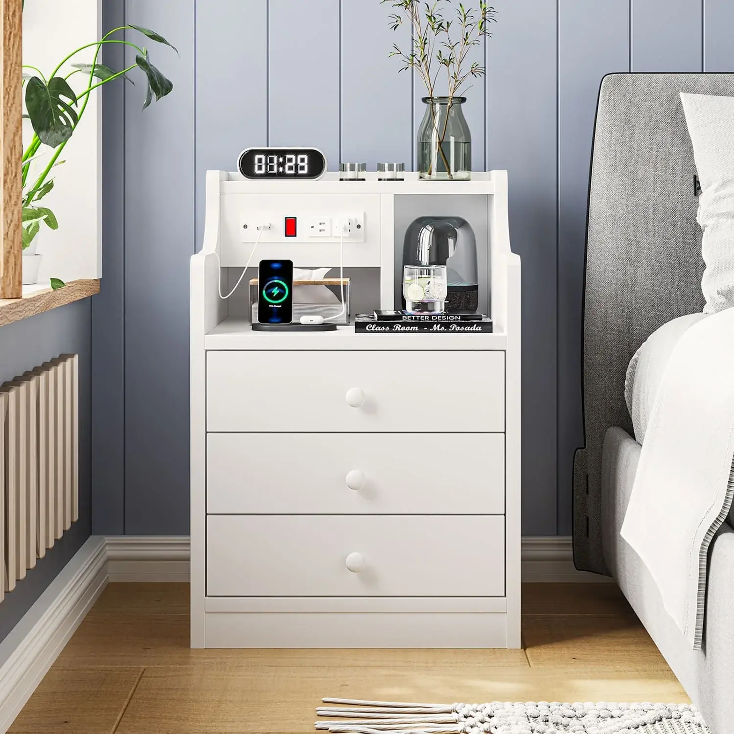 SIKAIC White Bedroom Nightstand with Charging Station, Modern 3-Drawer Indoor Bedroom Storage Table, Built-In USB Ports & Electrical Outlets, Bedroom Nightstands