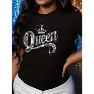 Women's Preppy Fitted Shortsleeve Tshirt - Shiny Rhinestone Queen Crown Pattern, Vibrant Orange Round Neck, Medium Stretch Clothes, Machine Washable, Suitable for Daily Wear & Party Outfits, All-Season Sports Top
