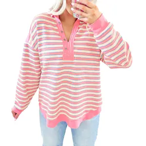 Mntaor Women's 2025 Winteroutfit Long Sleeve Casual Blouse Red Stripe Buttoned V Neck Collared Drop Shoulder Top - Fitted Silhouette, Medium Length,  Fashion