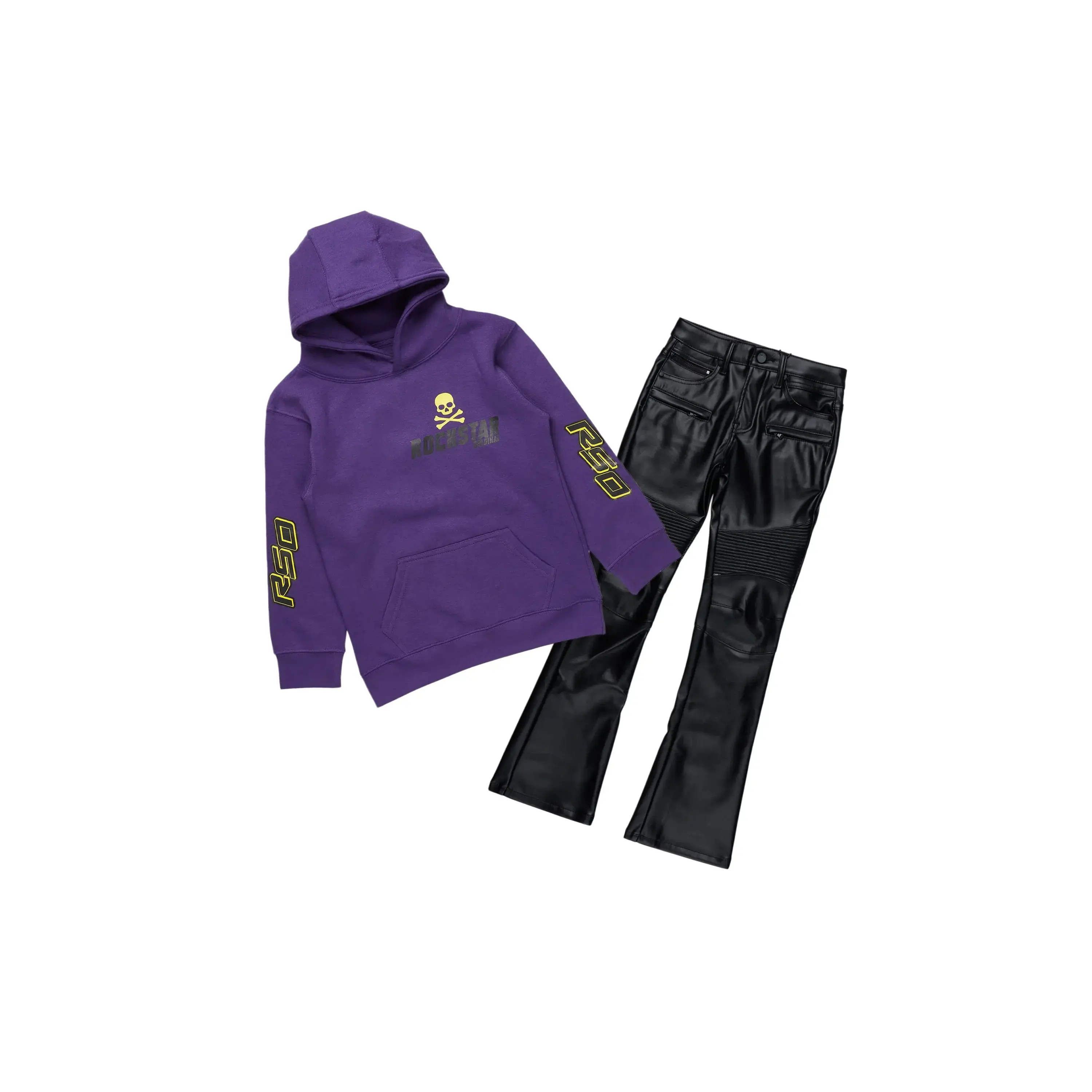 Boys Damek Purple Hoodie/Stacked Flare PU Jean Set