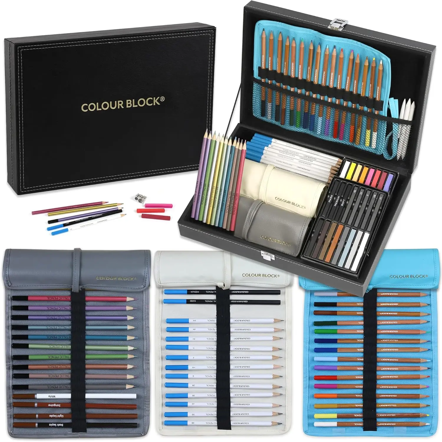 COLOUR BLOCK 91pc Drawing Pencil Set, Sketching, Coloring, Charcoal Pencils, Soft Pastels, Sketch Book, Travel Friendly Art Supply Kit for Kids Teens and Adults