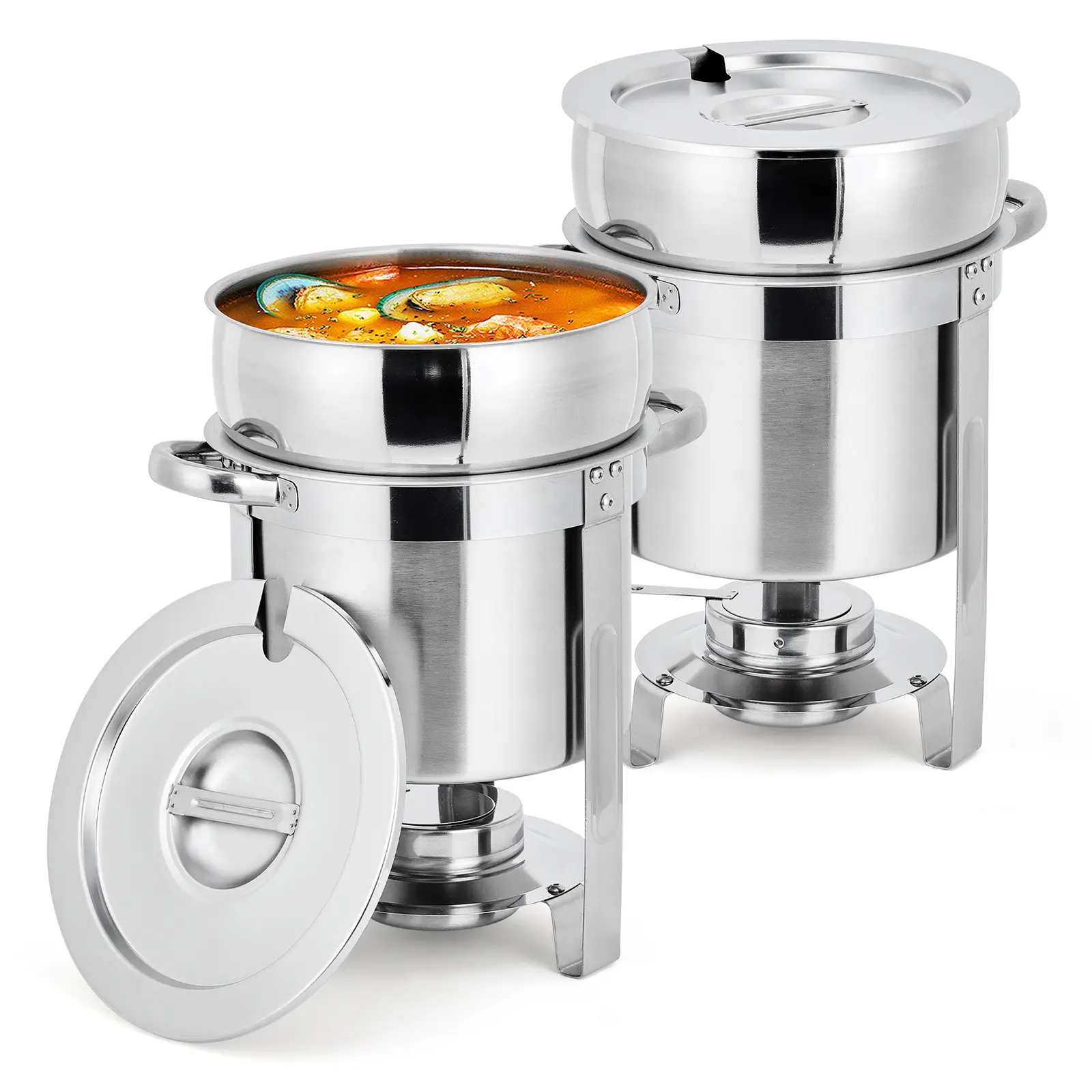 2-Pcs Smooth Stainless Steel Cookware Warmer Set - 11qt Round Stew Pot Chafer with Lid, Fuel Holder, Temperature-Retention Appliance for Restaurants, Family Gatherings, 2Pcs